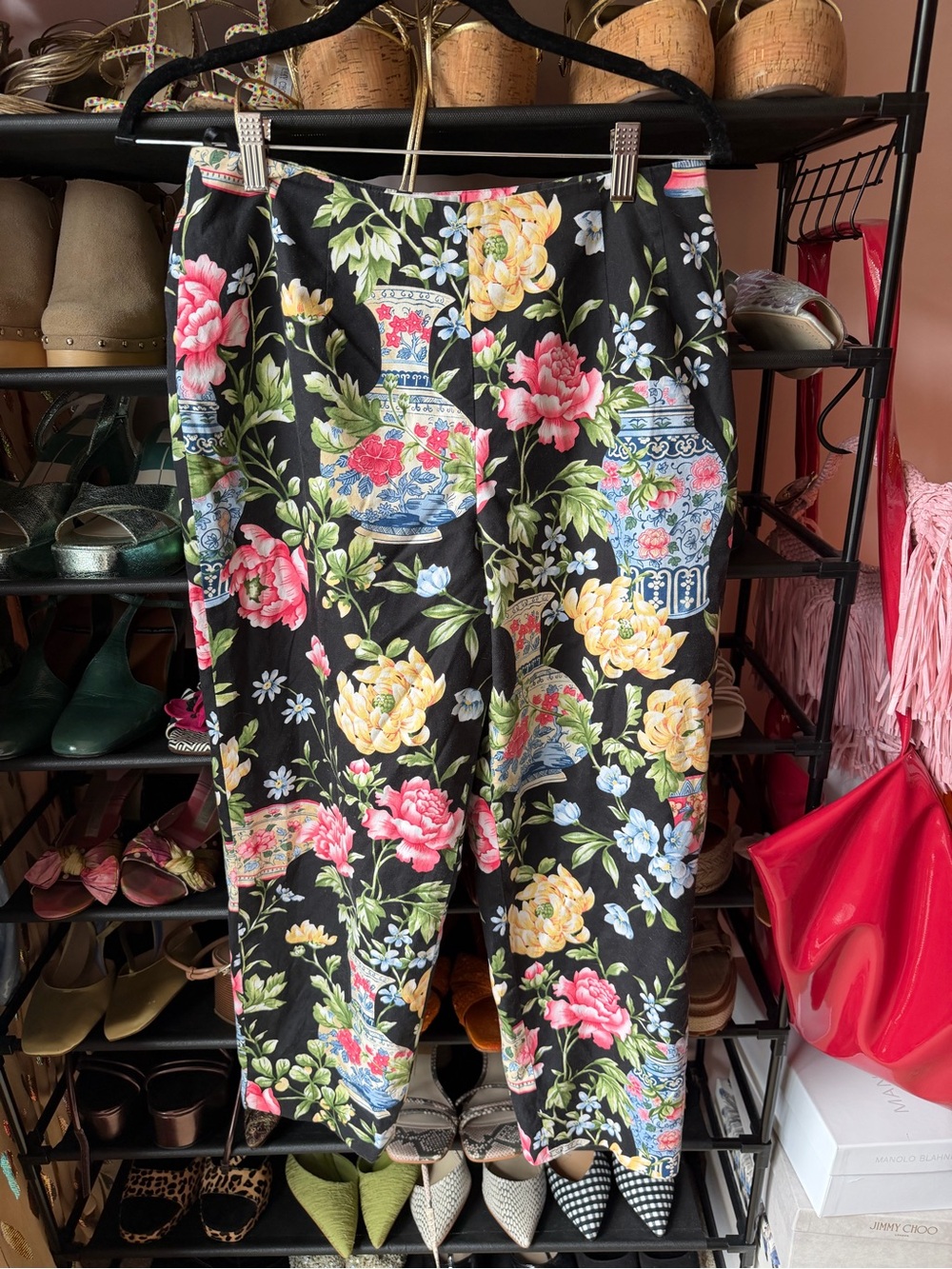 Talbots Black Floral Cropped Pants with Vase Motif